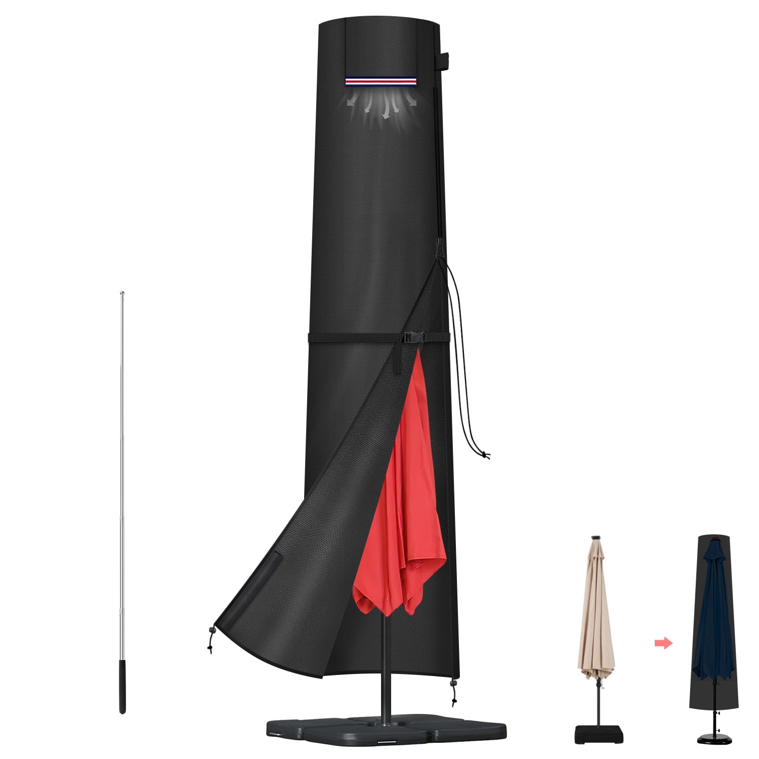 LAMUNI Garden Parasol Cover Waterproof Patio Umbrella Covers Large Cantilever Parasol Covers 420D Oxford Garden Parasol Umbrella Cover fit 3 to 4m Diameter Outdoor Umbrella Parasol, 220x30/50cm
