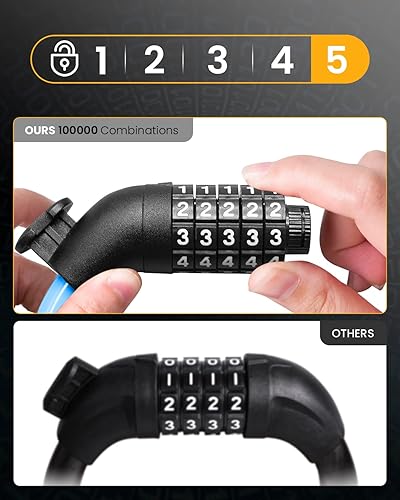 Miniatura 3 de URBANMAX Cable de bloqueo de bicicleta con combinación, combinación reiniciable de alta seguridad, antirrobo, bloqueo de scooter con soporte de