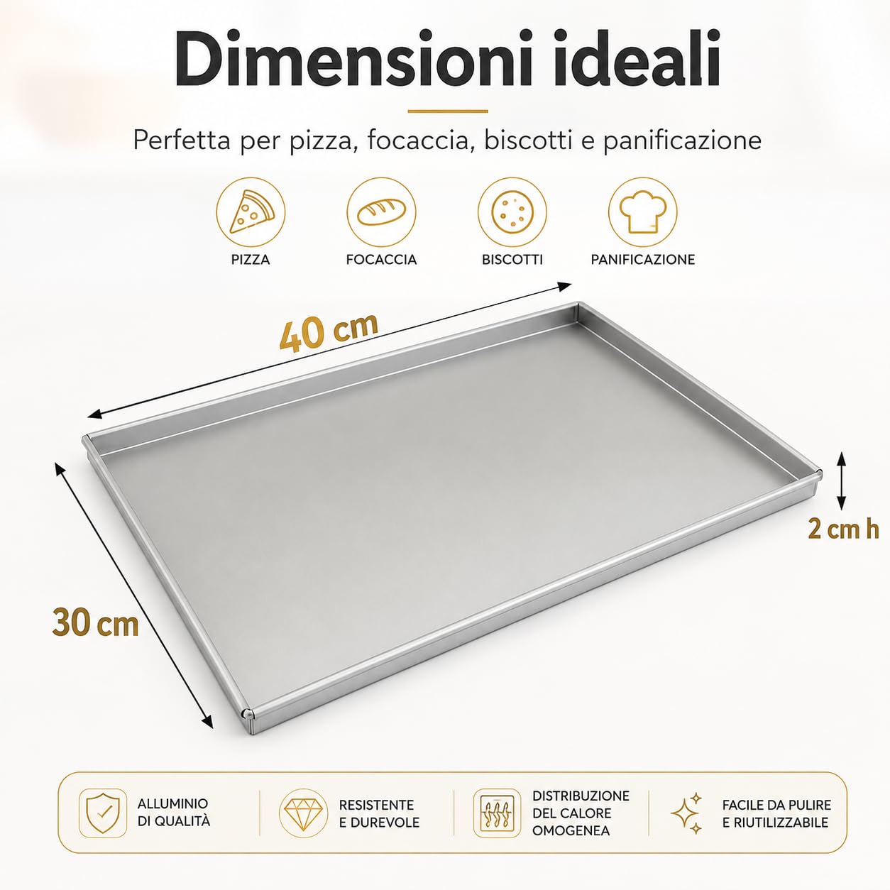 Teglia Rettangolare in Lega d'Alluminio Spessore 12/10 con Orlo, Argento, 40 x 30 cm 2 cm h, 1 Pezzo (40X30 2CM H ALLUMINIO 12/10)