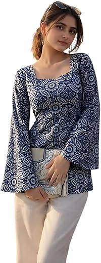 MF ERA Women's Women's Rayon Floral Printed Full Sleeves Squre-Neck Short Kurti, Bell Sleeves, Short Kurti for Woman, Styl...