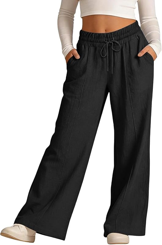 Girls Pants Linen Wide Leg Elastic Waist Drawstring Pant Casual Loose Fit Trousers with Pockets for Kids Size 3-14T