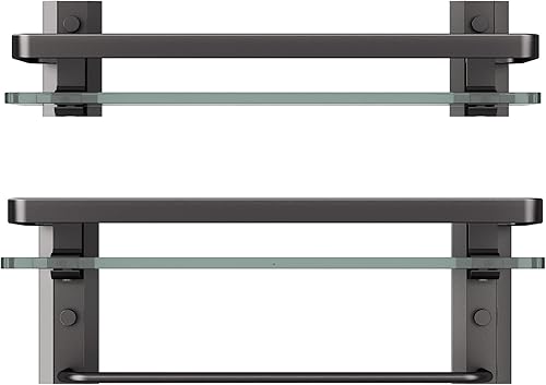 Miniatura 4 de Danpoo Estantes de baño montados en la pared, estante de baño de vidrio templado con toallero, soporte para toallas de mano con estantes (2 niveles,