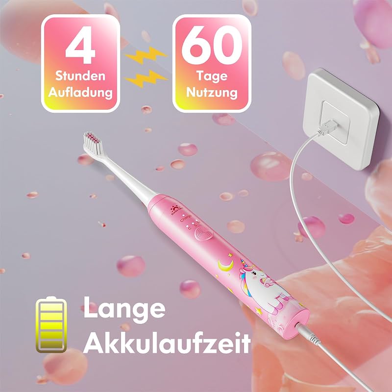 DADA-TECH Elektromos Gyerek Fogkefe 3-12 Éveseknek - Unikornis Rózsaszín, 3 Üzemmód, Időzítő, Szokásformáló Matricák, Újratölthető