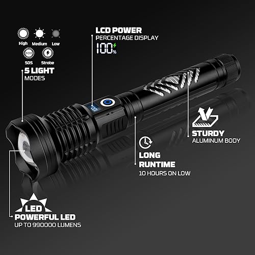 Miniatura 8 de azamine Linternas recargables 990000 lúmenes altos linterna LED súper brillante con 5 modos, IPX7 impermeable potente luz de flash para acampar