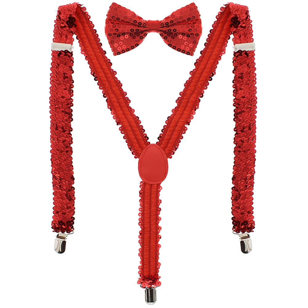 Zac's Alter Ego Matching Fancy Dress Sequin Bow Tie & Suspenders Set - Great for Christmas - Many Colours