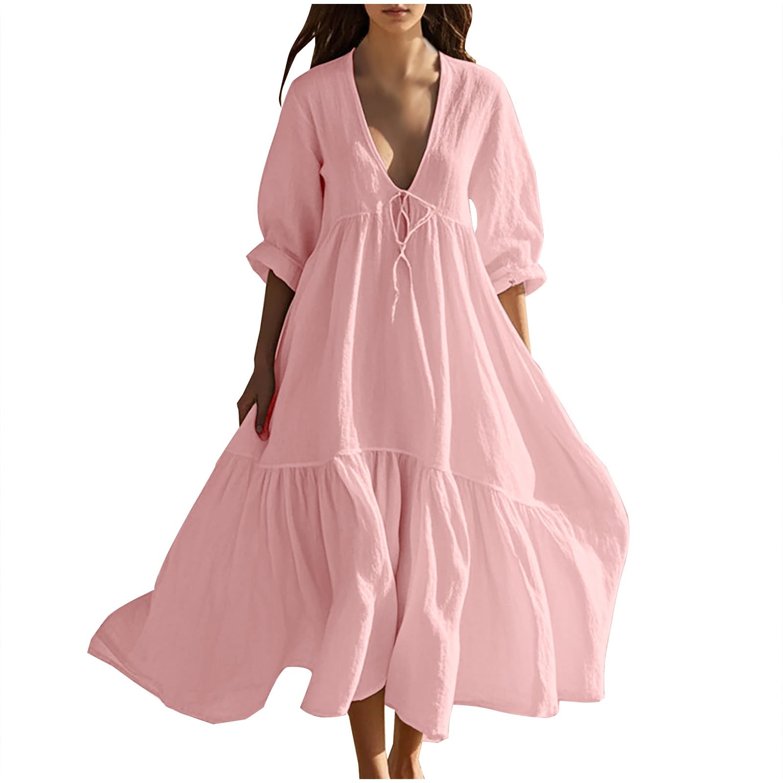 AMhomely Cotton Linen Dresses for Women UK-Summer Boho Maxi Dress,Drawtring Deep V Neck Casual Dresses,Short Sleeve Flowy Sundress,Beach Smocked,Holiday Vacation,Office Work A Pink XXL