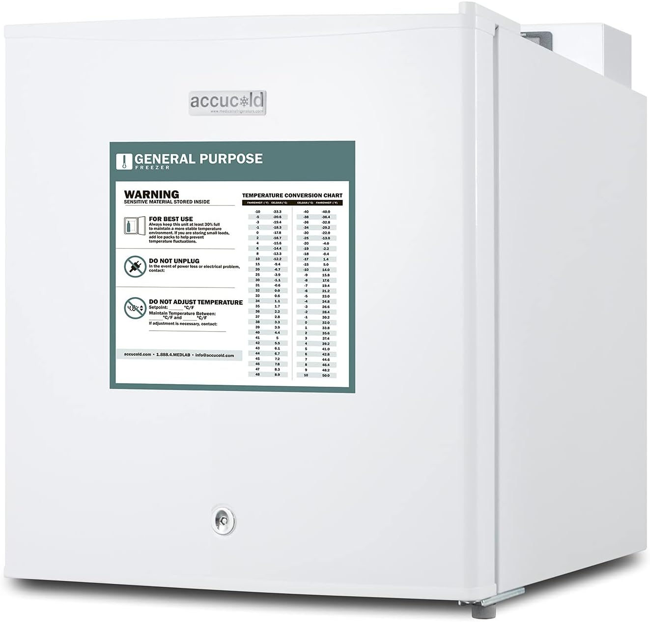 Accucold Compact Freezer, Countertop, 1.4 cu.ft. Capacity, General Purpose, White - FS24LGP