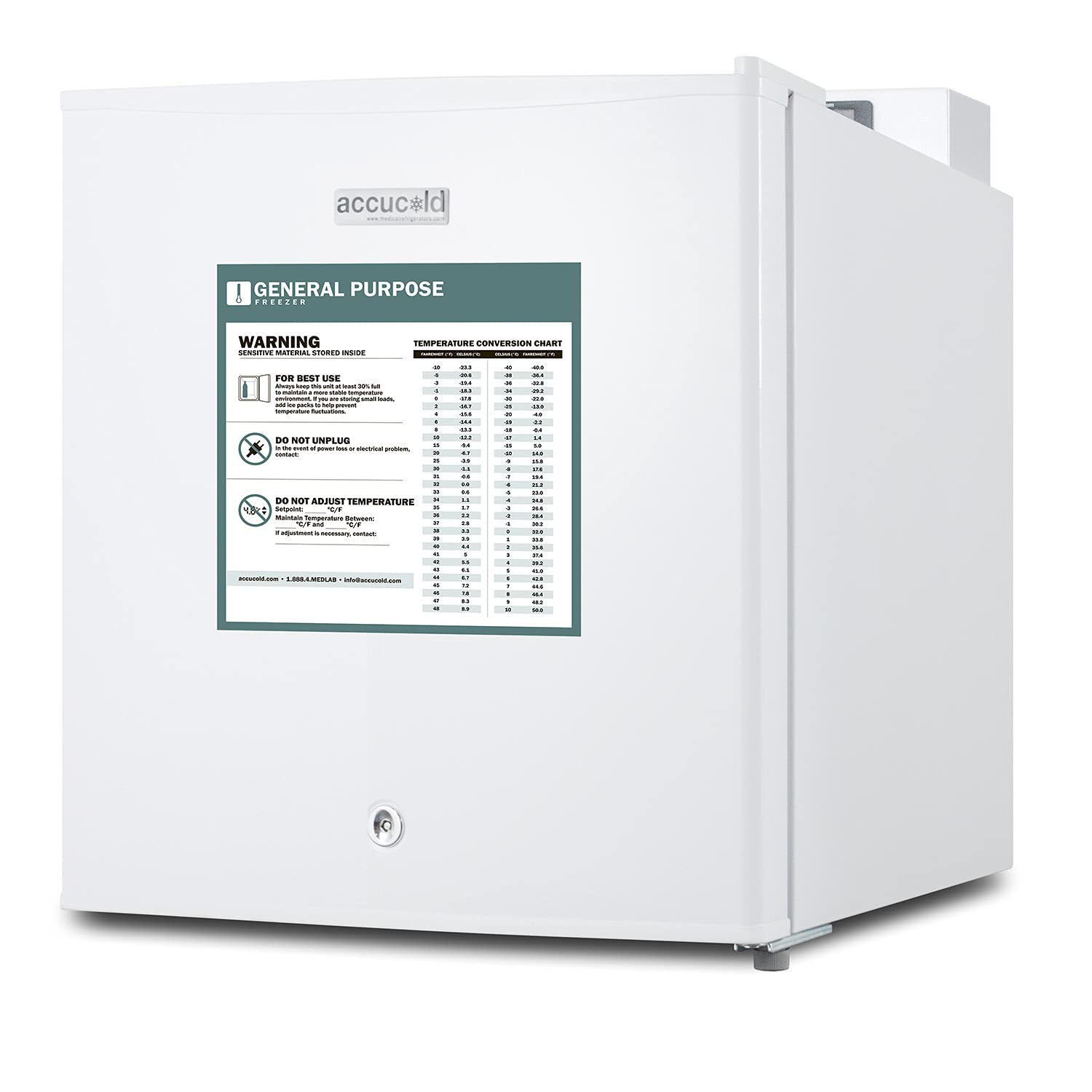 Accucold Compact Freezer, Countertop, 1.4 cu.ft. Capacity, General Purpose, White - FS24LGP