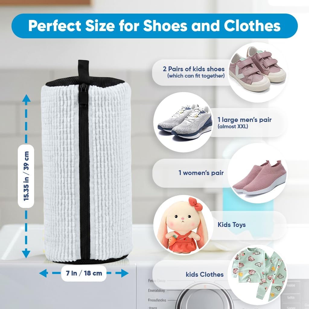 Shoe Washing Machine Bag – 2 Pcs Reusable Laundry Shoe Bag, 360° Deep Cleaning Sneaker Washing Bag, Durable Mesh Net with Zipper Protection, Fits All Shoe Types & Sizes (White, 14.8 × 7.4 Inches)