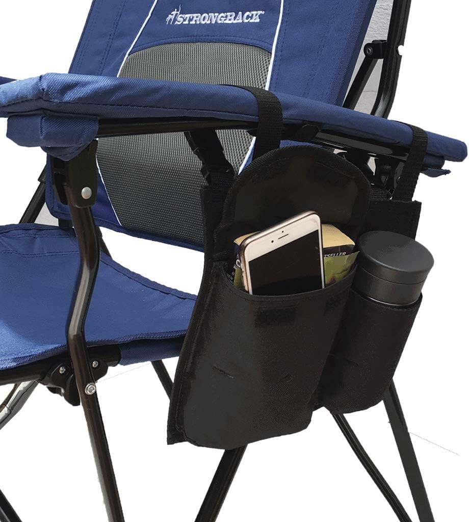 STRONGBACK Upgraded Cup Holder & Pocket for Camping Chairs - Durable Adjustable Armrest Accessory - Fits Cans/Bottles/Phones - Secure Storage Easy to Install for Outdoor Comfort