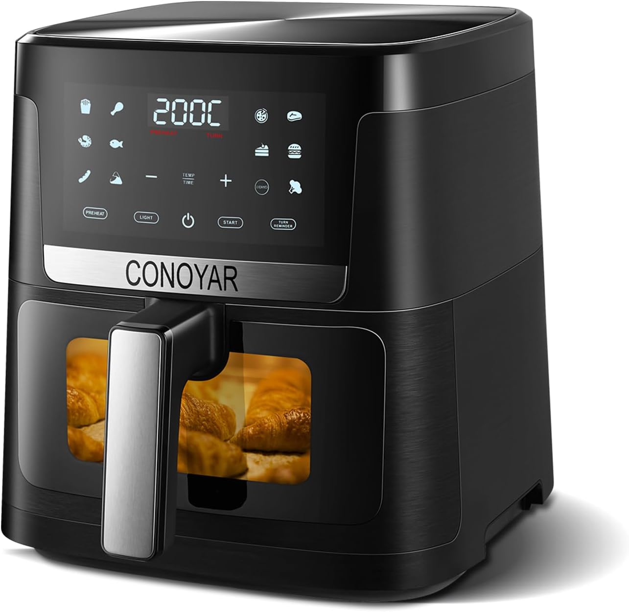Air Fryer 7L with Window, stainless steel air fryer oven led touch screen for 12 presets, easy clean Airfryer for home of 4 with automatic shut off, oilless, ptfe free, dishwasher safe, 1800w