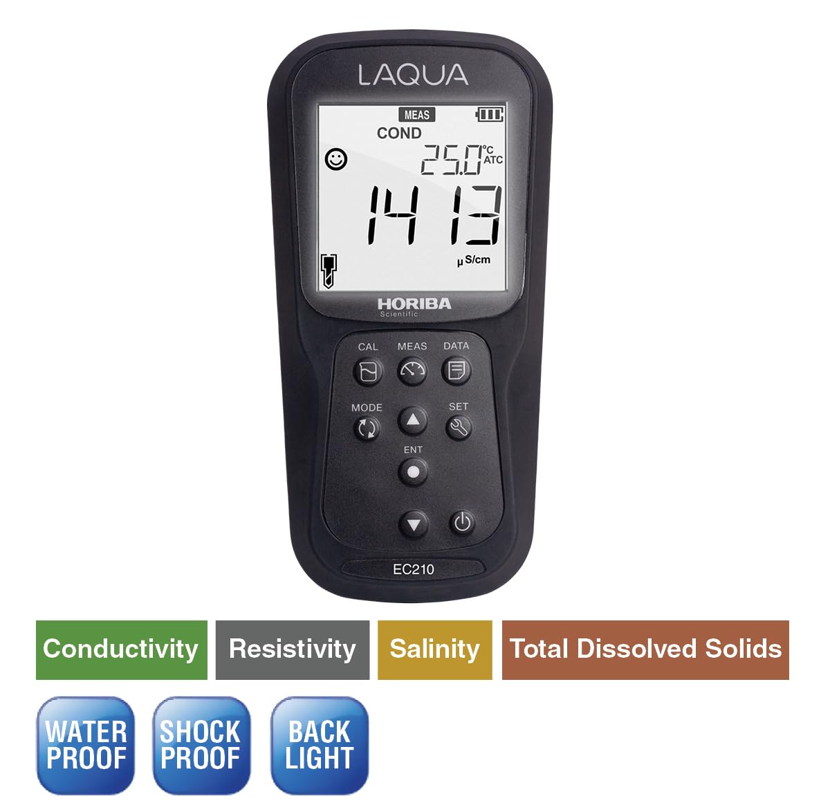 HORIBA LAQUA EC210-K Handheld EC Meter - Digital, Waterproof, Battery Powered, for Outdoor Use - Includes Temperature, TDS, SAL, RES Measurement with Sensor 9383-10D