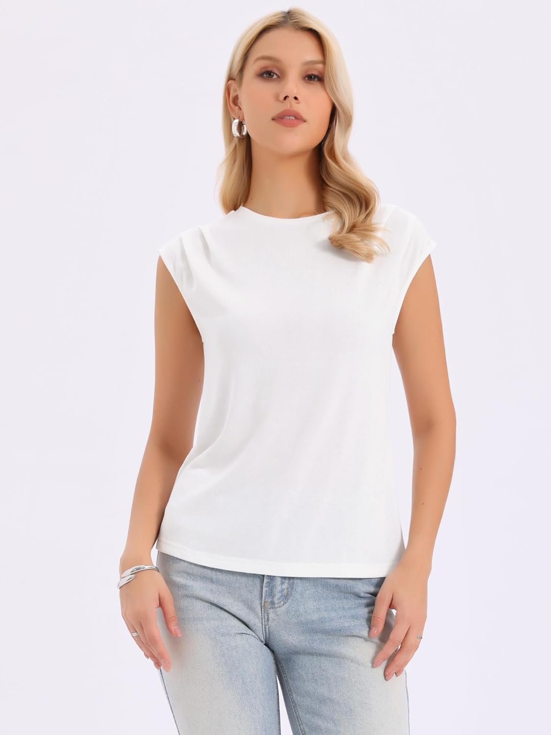 Allegra K Cap Sleeve Top for Women's Summer Casual Crew Neck Pleated Knit Basic Trendy Tee - Image 4