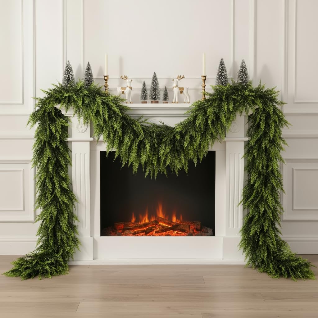9 FT Christmas Cedar Garland, Real Touch Soft & Thickness Greenery Pine Garland for Mantle Table Fireplace Outdoor Indoor Christmas Decorcorations 9 ft 1