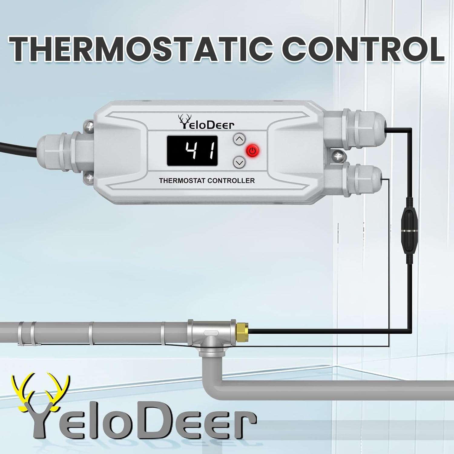 110~120 V YeloDeer Temperature Controller for in Pipe Heating Cable with 3 Ft Power Cord, Pipe Heat Tape Thermostat Includes A 15 Ft Sensor