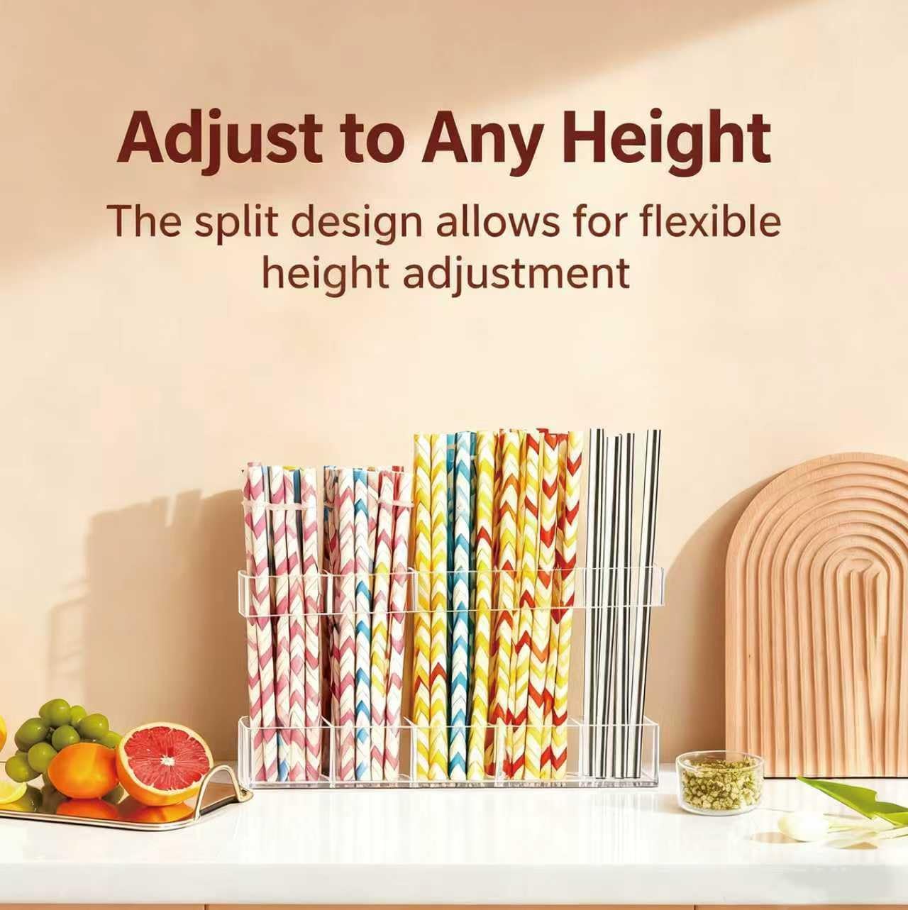 Straw Holder for Cabinet Door, Acrylic Straw Organizer Storage for Kitchen, 9.5'' Large Tumbler Straw Dispenser for Counter/Cupboard, Kitchen Accessories Container with Strong Adhesion, Split Design