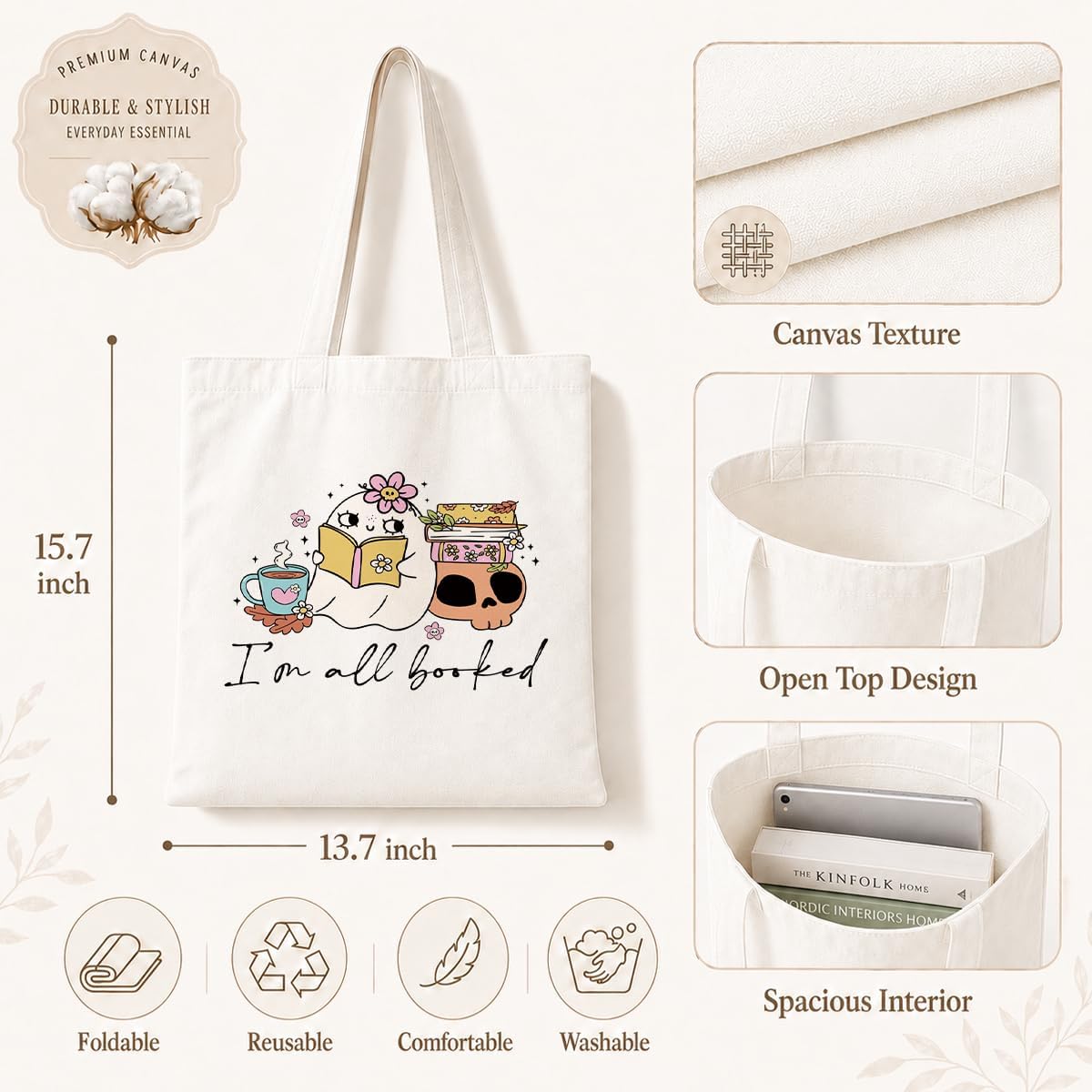 Book Lover Tote Bag for Women, I'm All Booked Canvas Shoulder Bag, Cute Reading Gift for Readers Librarians, Reusable Shopping Carryall for Library Work Travel image 4