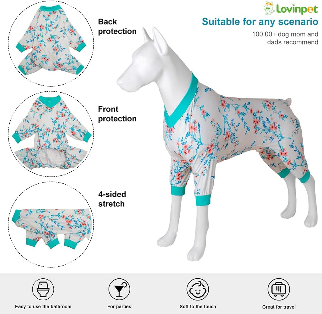 LovinPet Large Big Bodysuit for Dogs - Post Surgery Protection Dog Pjs,4 Legged Coverage Dog Onesie,Stretchable Lightweight, Bubbles and Floral White&Teal Print,Undershirt for Dog Sweaters,Blue Large
