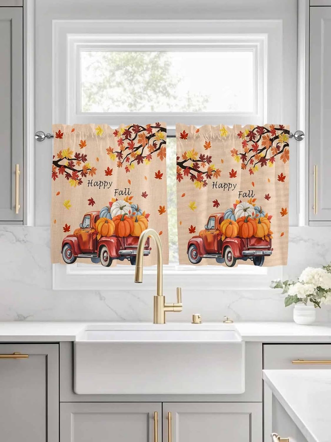 Red Truck Pumpkins Kitchen Curtain 24 Inch Length, Thanksgiving Fall Orange Leaves Teal Gold Small Short Cafe Tiers Curtains Drape, 2 Panel Window Treatment Rod Pocket Drapery Panels Curtains