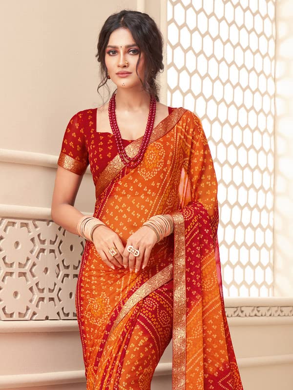 Satrani Women's Lace & Bandhani Printed Chiffon Saree With Unstitched Blouse Piece(2612S2080N_Orange & Red)