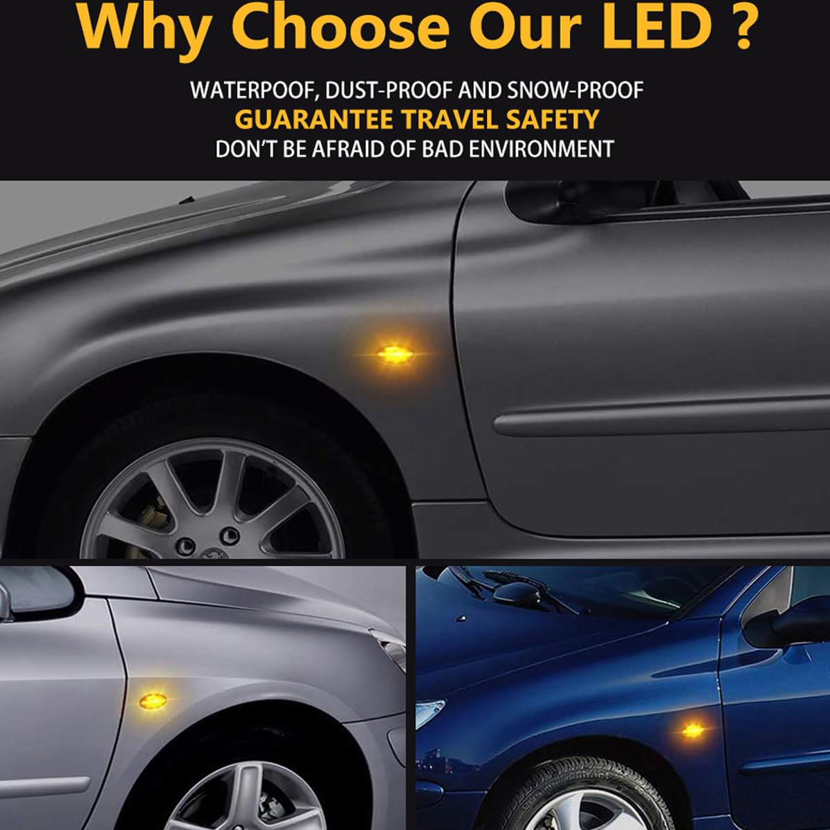 Dynamiczne boczne kierunkowskazy LED (migotanie sekwencyjne) kompatybilne z Peugeot 1007, 107, 108, 206, 301, 307, 407, 4007, 607 i kompatybilne z Citroën C1, C2, C3, C5, C6