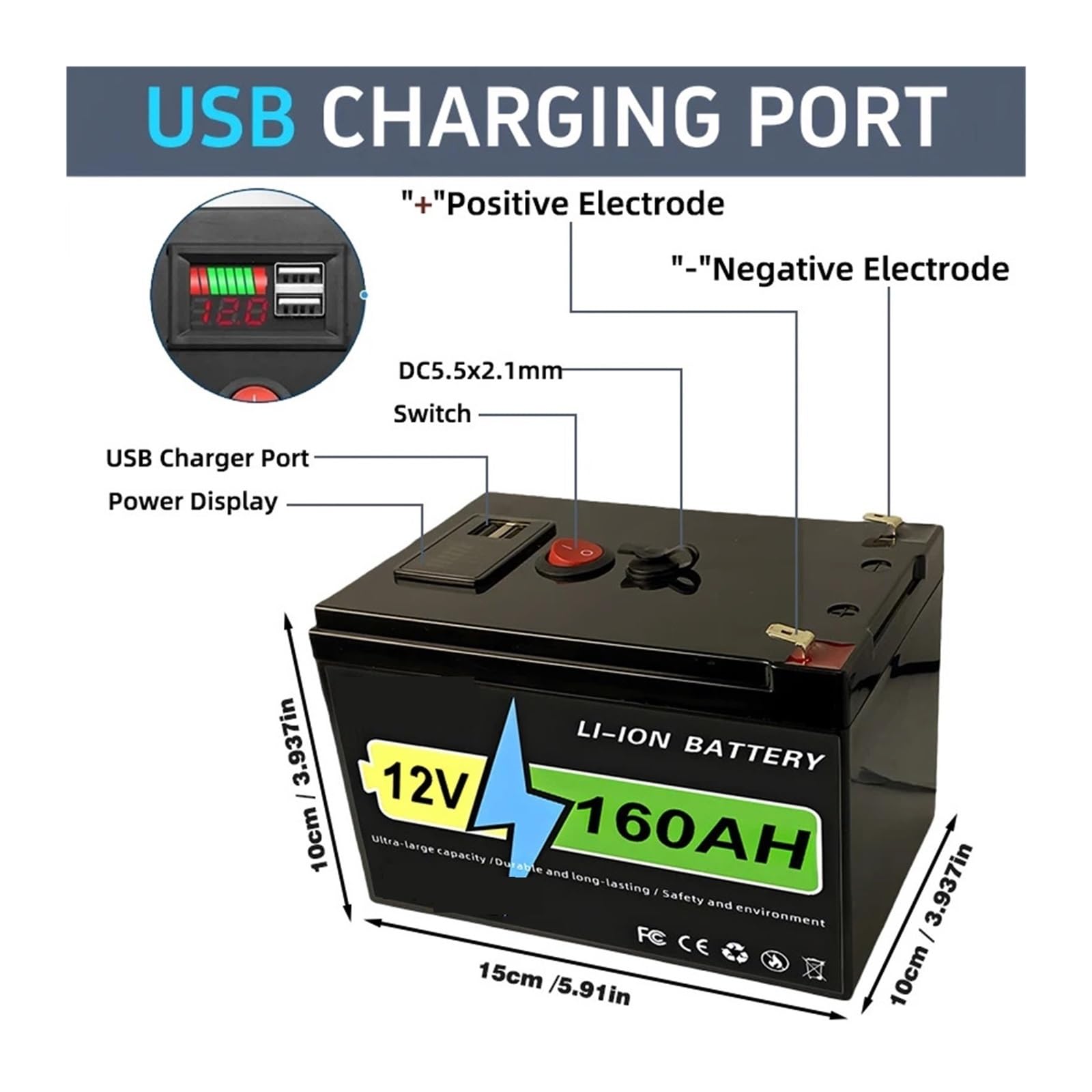 Pacco Batteria Ricaricabile 12V 60-160Ah Ciclo Profondo | For luci, campeggio e alimentazione di riserva domestica Batteria al litio + caricabatterie(100Ah Battery x1)
