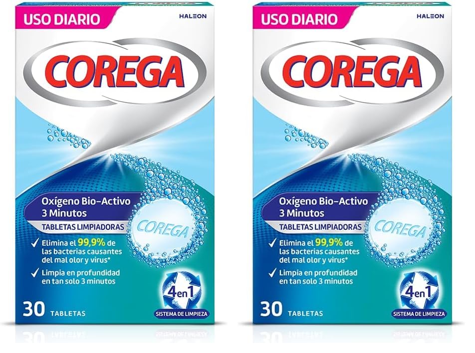 Corega Oxígeno Bio-Activo, Tabletas Limpiadoras Para Prótesis Dentales, Limpieza en Profundidad en 3 Minutos, 30 Tabletas (Paquete de 2) en oferta en Amazon