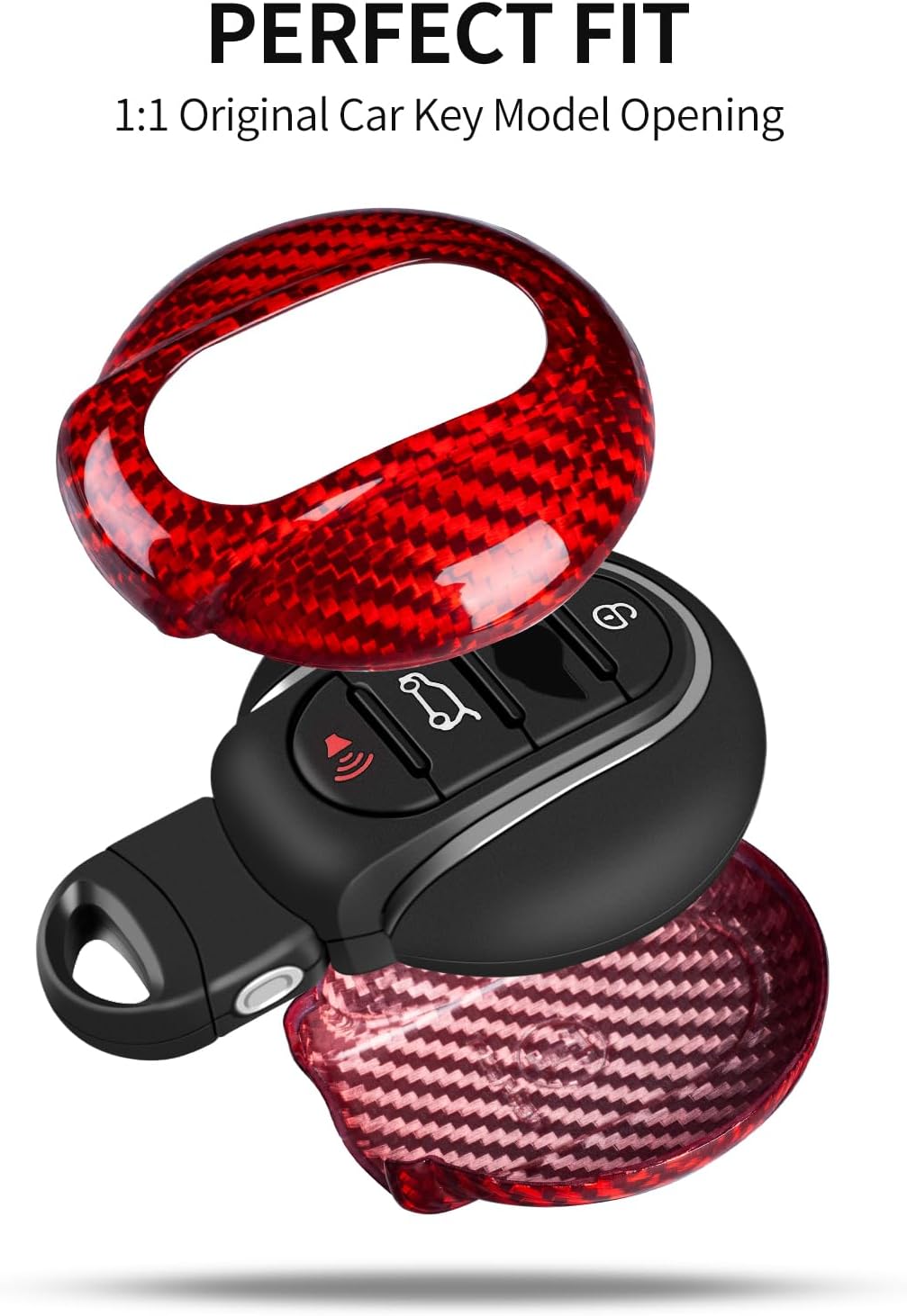 T-carbon Key Fob Cover with Keychain Fits BMW Mini Cooper S D F56 F55 F54 F57 F60 R55-R60 Roadster 2014- 2020 2024;Real Glass Fiber Key Case Fits Mini Smart Keyless Entry Accessories Red