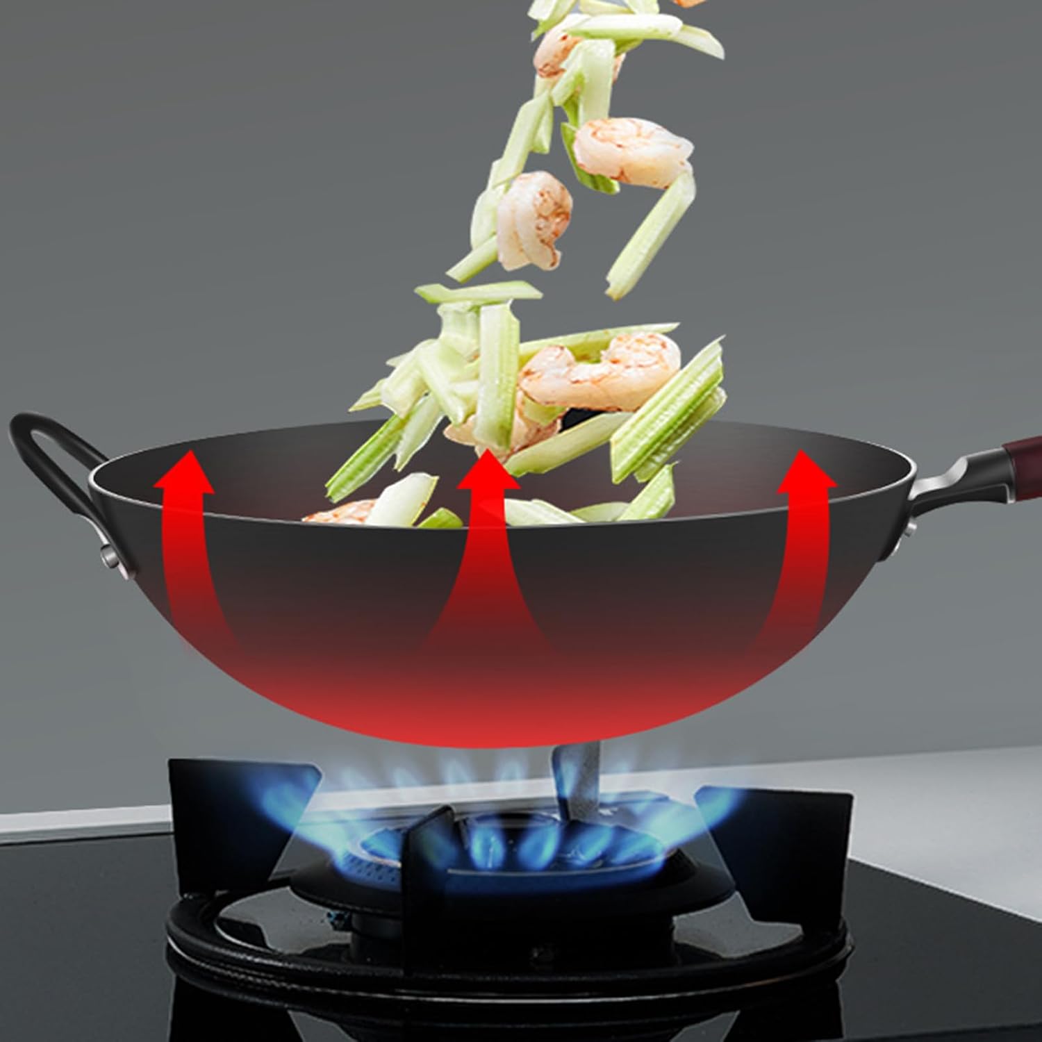 Carbon Steel Wok 32cm, Flat Bottom Wok Pan, Round Bottom Wok, No Chemical Coated Chinese Wok, for Gas Stove Or Cassette Furnace