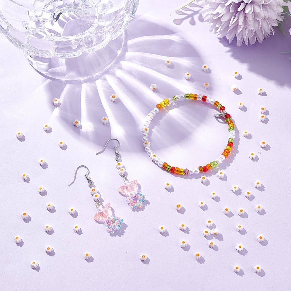 NBEADS About 880 Pcs 10 Strands Daisy Beads, 3.7-5.6mm Handmade Millefiori Lampwork Glass Bead Flat White Flower Loose Spacer Bead for DIY Necklace Bracelet Earring Jewelry Making Crafts