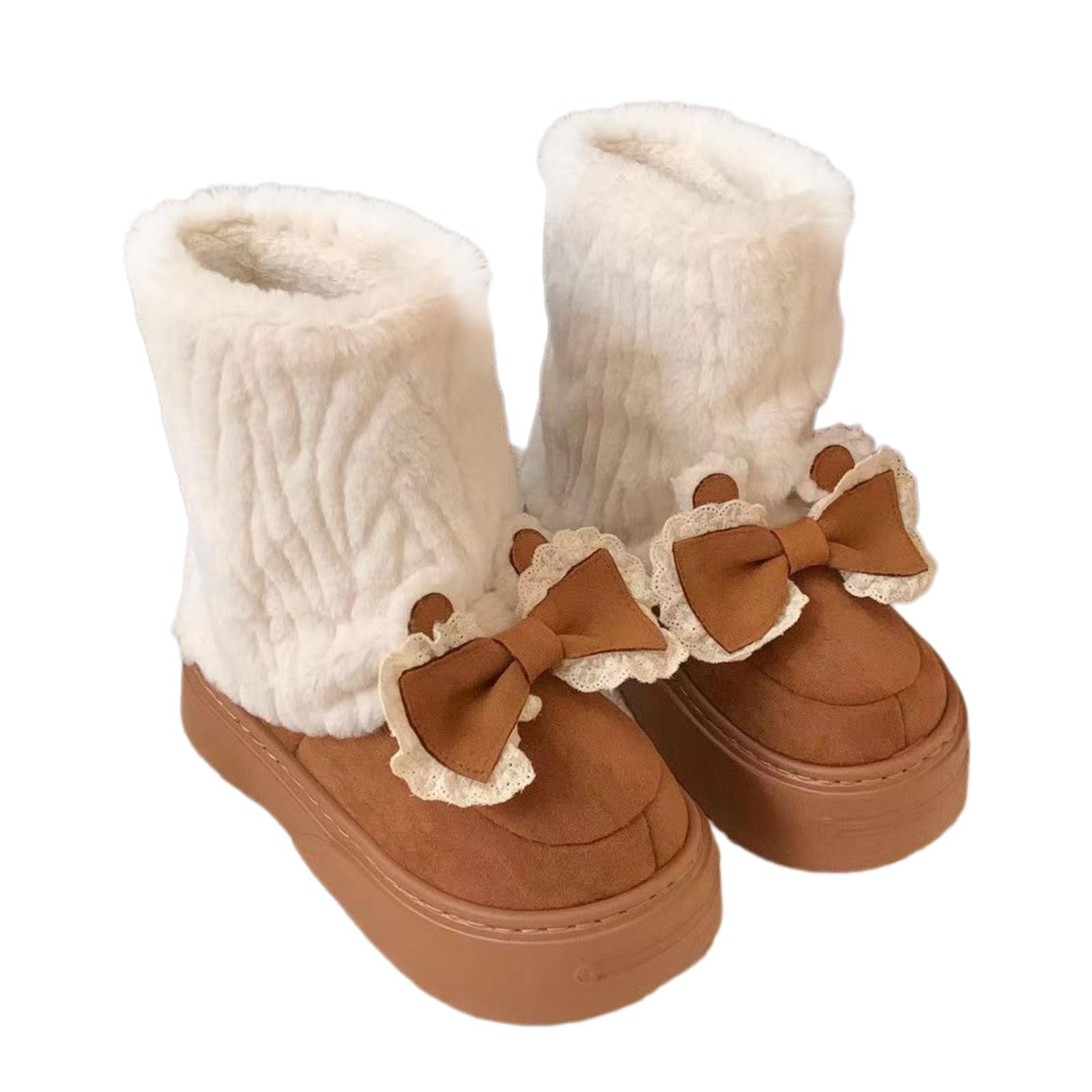 Womens Faux Fur Snow Boots with Bow Mid Calf Platform Cute Y2K Winter Shoes for Gift Giving