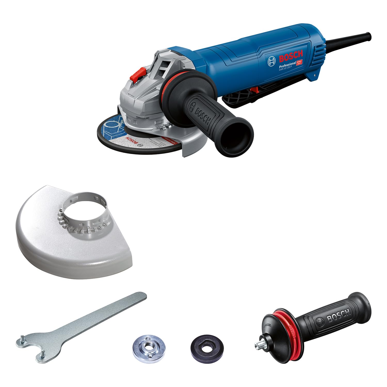 Bosch Professional amoladora angular con cable GWS 12-125 P 125 mm, 1200 W, con empuñadura auxiliar antivibración, caperuza de protección, llave de dos agujeros)