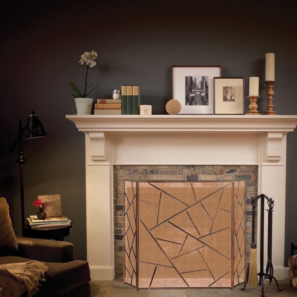 Simple Fireplace Screen Freestanding 3 Fold Fire Barrier with Wrought Iron Mesh Hollow Fire Screens for Fireplaces e Golden Fireplace Spark Guard Fire Place Ass (Brass)