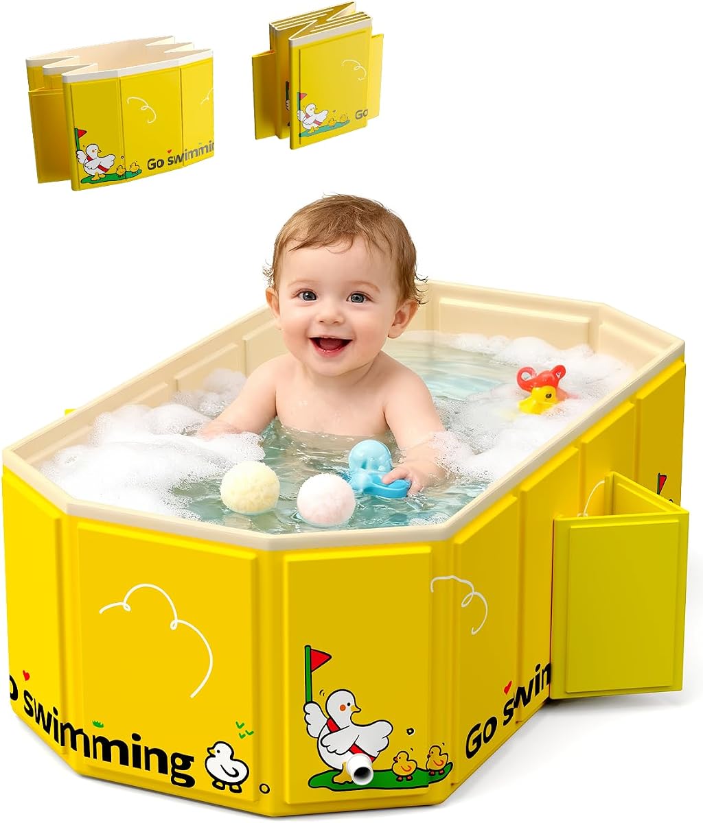 VBABY Collapsible Baby Bathtub, Portable Toddler Bathtub with 2 Drain Holes, Foldable Baby Tubs for Infants to Toddler, Travel Baby Tubs, Easy to Clean, Yellow
