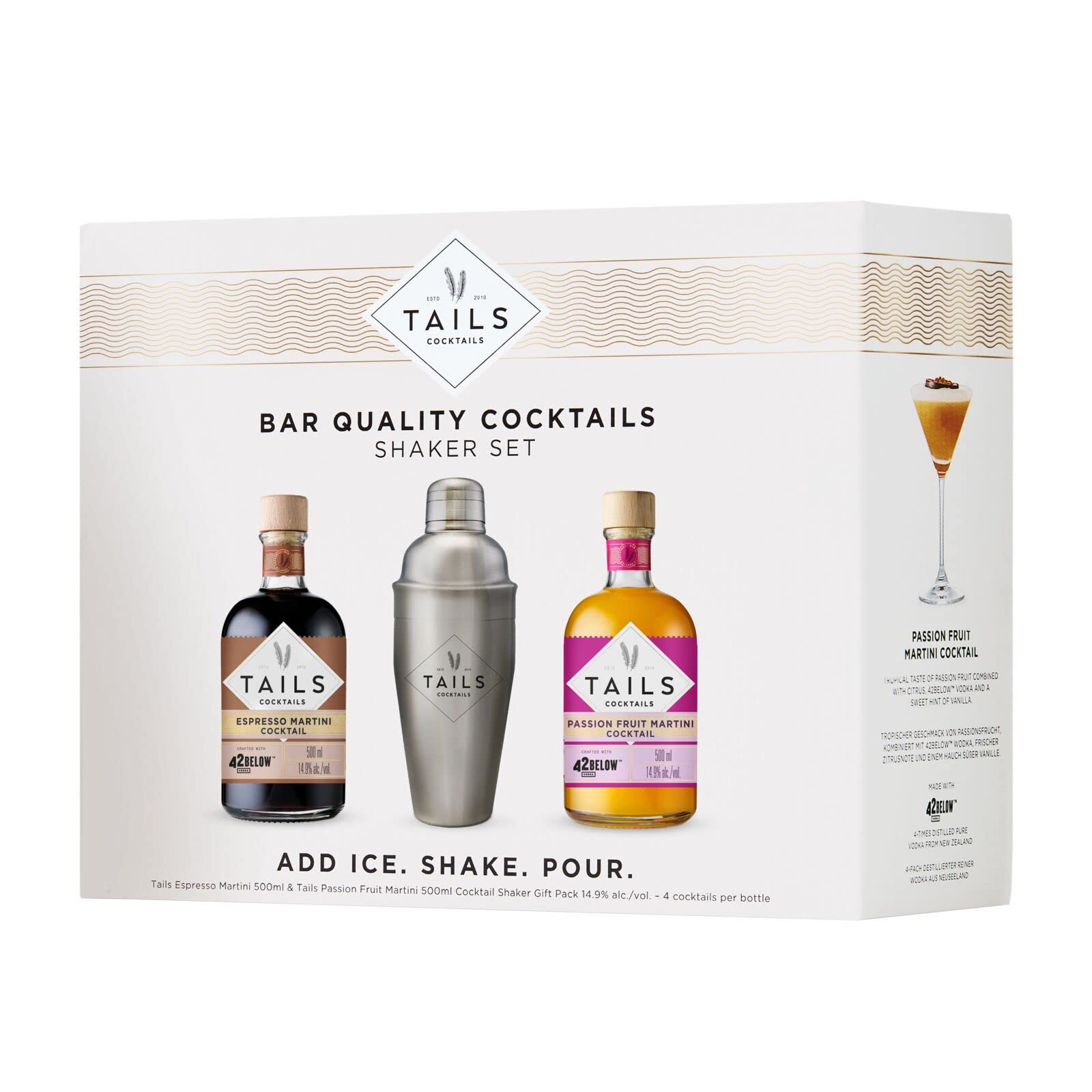 Tails Cocktails Cocktail Shaker Set in Gift Box, Including Passion Fruit Martini Cocktail & Espresso Martini Cocktail, Serves 8 Bar-Quality Cocktails, 14.9% ABV, 2 x 50cl / 500ml