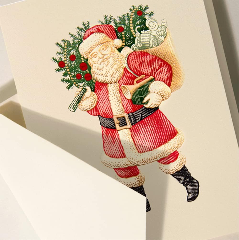 Crane & Co. Classic Santa Christmas Greeting Card, Natural White/ Red,Green, Gold, 5 1/2 x 7 3/8