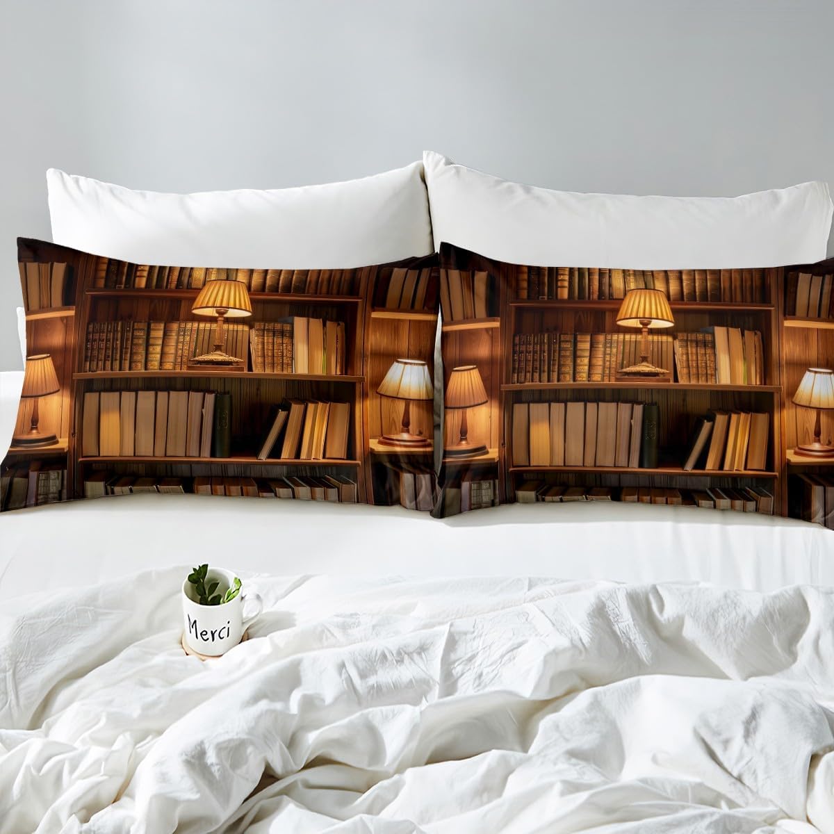 Erosebridal Books Comforter Cover Set Queen Size Bookshelf Bedding Set for Boys Girls Teens,Wooden Stand Duvet Cover Retro Building Quilt Cover Vintage Style Bedroom Decor Brown