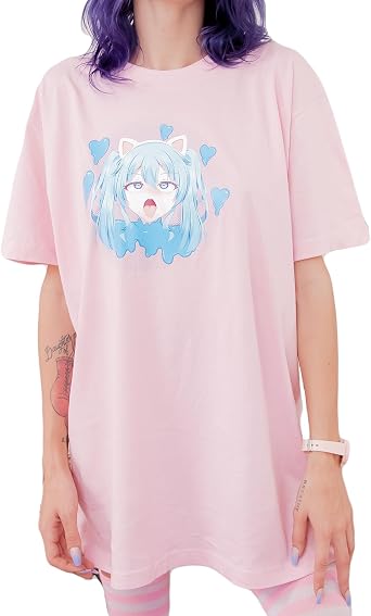 Ahegao Face Neko Girl Pink Oversized Shirt for Cosplay & Casual Wear
