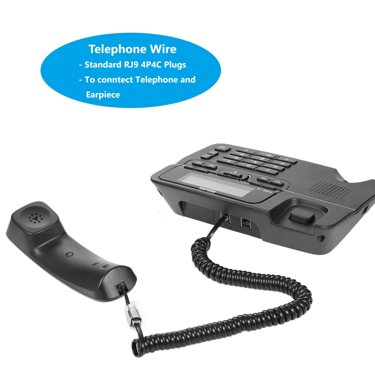 Cavo telefonico fisso 2,4 m non arrotolato / 1,4 m a spirale, confezione da 10, cavo standard RJ9 4P4C, nero, per lavorare in ufficio o a casa