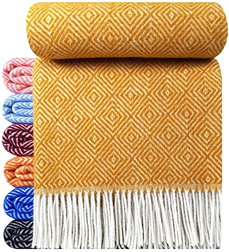 STTS International Wolldecke 100prozent Schurwolle Wohndecke 140 x 200 cm Tagesdecke Schurwolldecke Woll-Plaid Tirol in vielen Farben erhältlich (Senf (D-V))