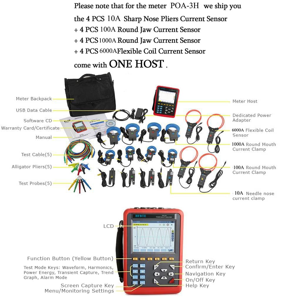 3 Phase Energy Power Quality Analyzer Logger Tester for Measuring AC with Current True RMS 10mA to 6000A Four Groups Current Sensor 10A+100A+1000A+6000A Full Set CT Size Ф8mm+Ф40mm+Ф68mm+Ф300mm