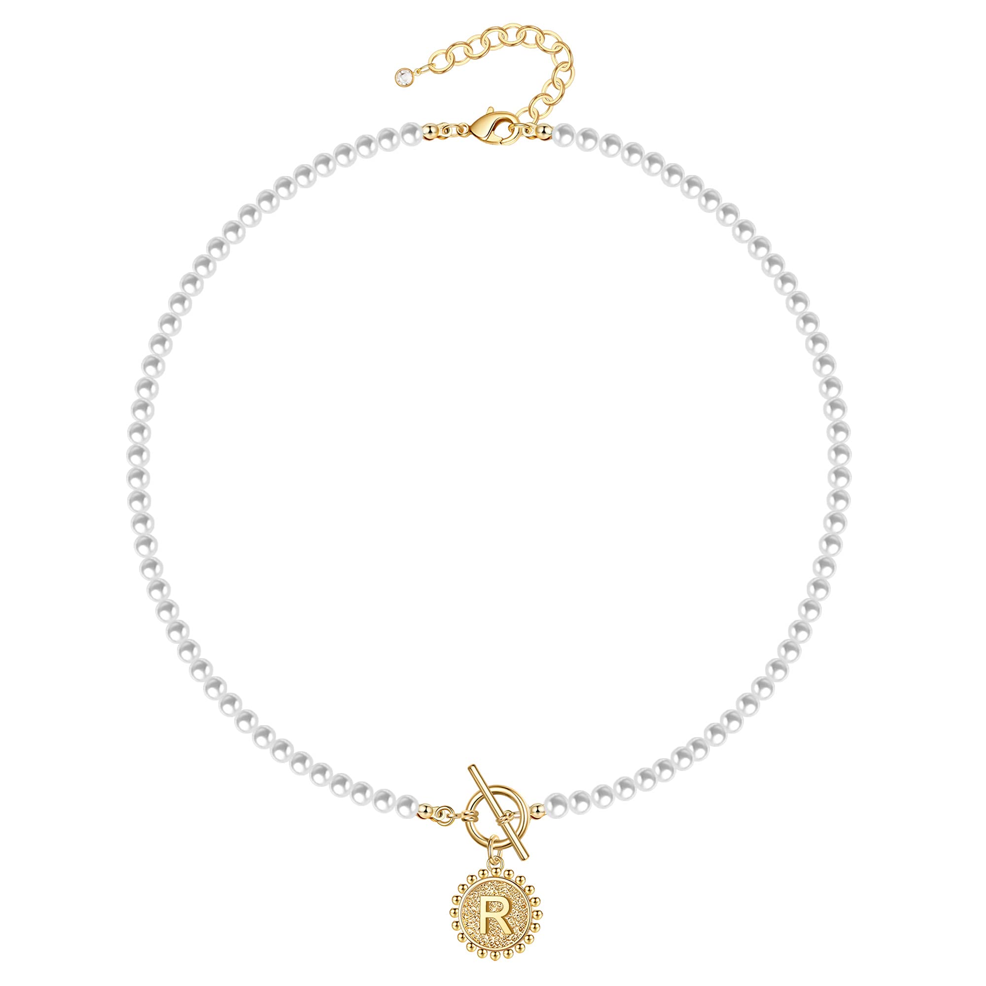 Vjoyjew Dainty Initial Pearl Choker Necklace, Handmade 4MM Simulated Pearl Coin Pendant, 14K Gold Plated Toggle Clasp, Letter R, White Gold, Unisex, Casual, Women's Necklace