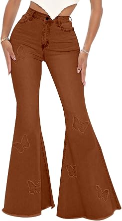 shengfan Womens Skinny Bell Bottom Jeans Elastic High Waisted Flared Jeans Raw Hem Wide Leg Denim Pants 70s Outfits