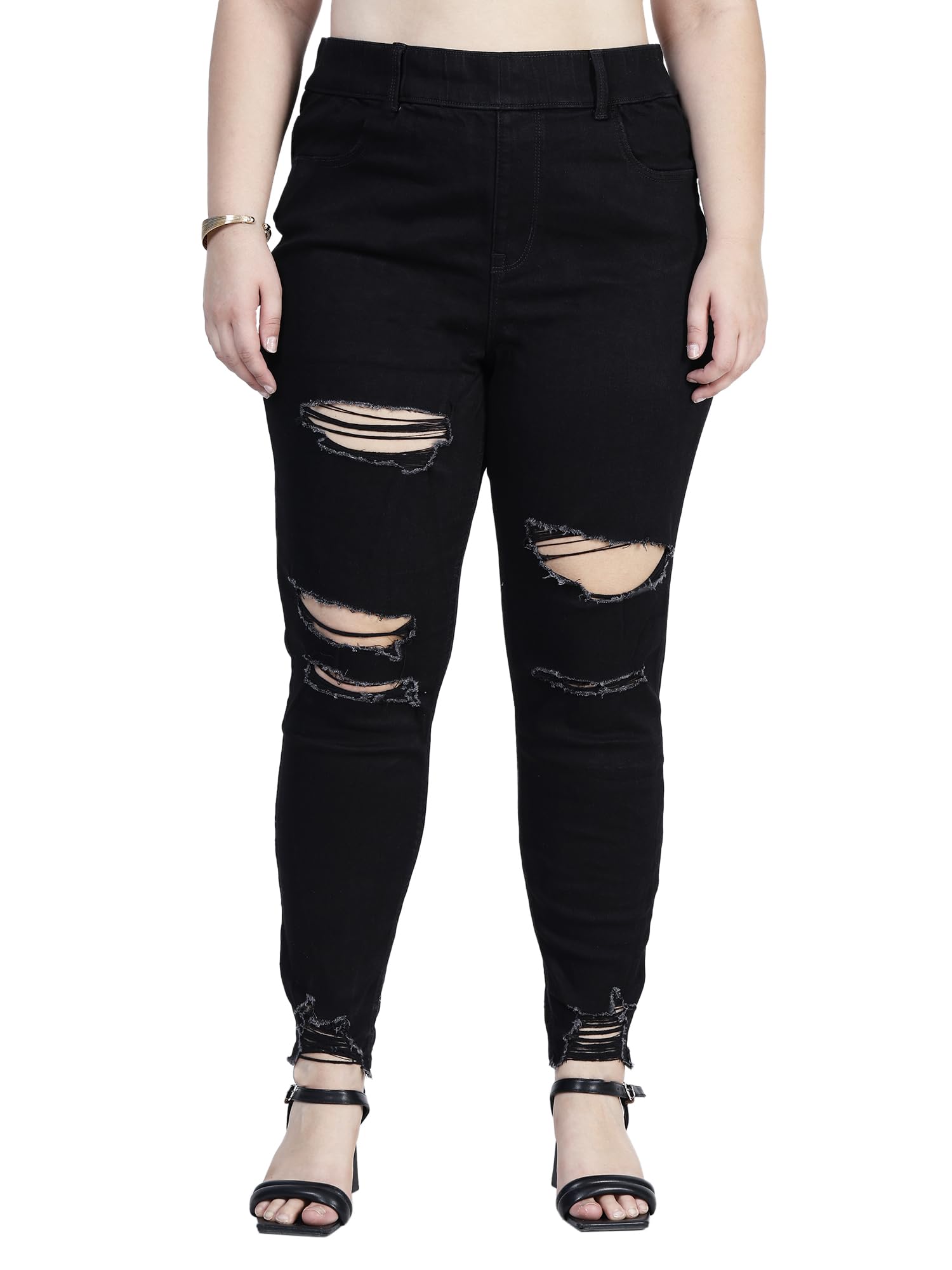 happ Plus Size Women Curvy Skinny Fit Jeans- Pull UP (NO Zip) - HIGH Rise - Heavy Rugged/Distressed - Black Color- Stretch Fabric - Waist Size 38 to 44 inches-picture-12