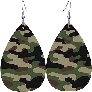 Green Brown Camouflage Print Faux Leather Teardrop Earrings for Women Drop Dangle Earrings Gift - Buy now