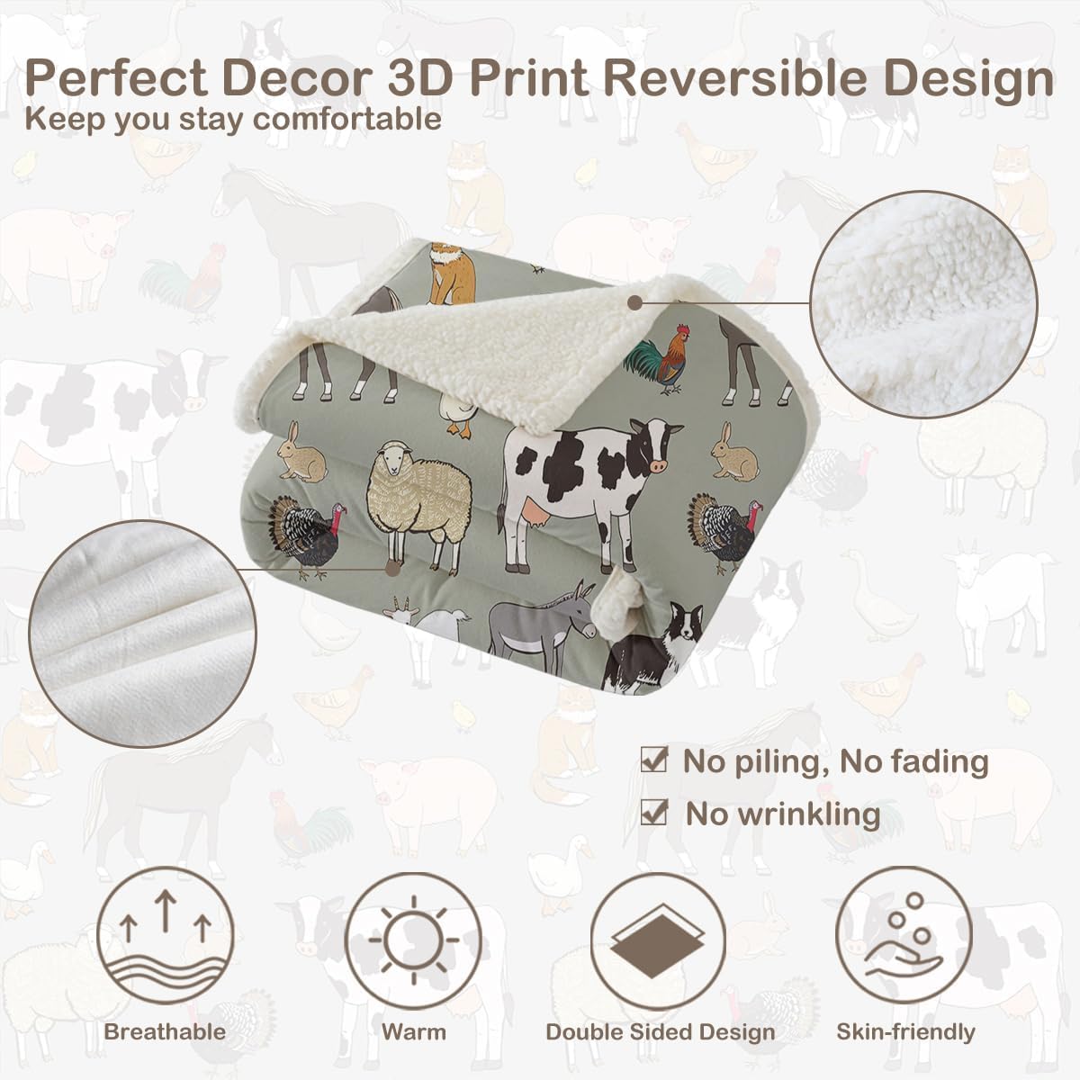 Sleepwish シェルパ フリースブランケット 漫画 牛の柄 かわいい農場の動物ブランケット 暖かくて豪華なスローブランケット