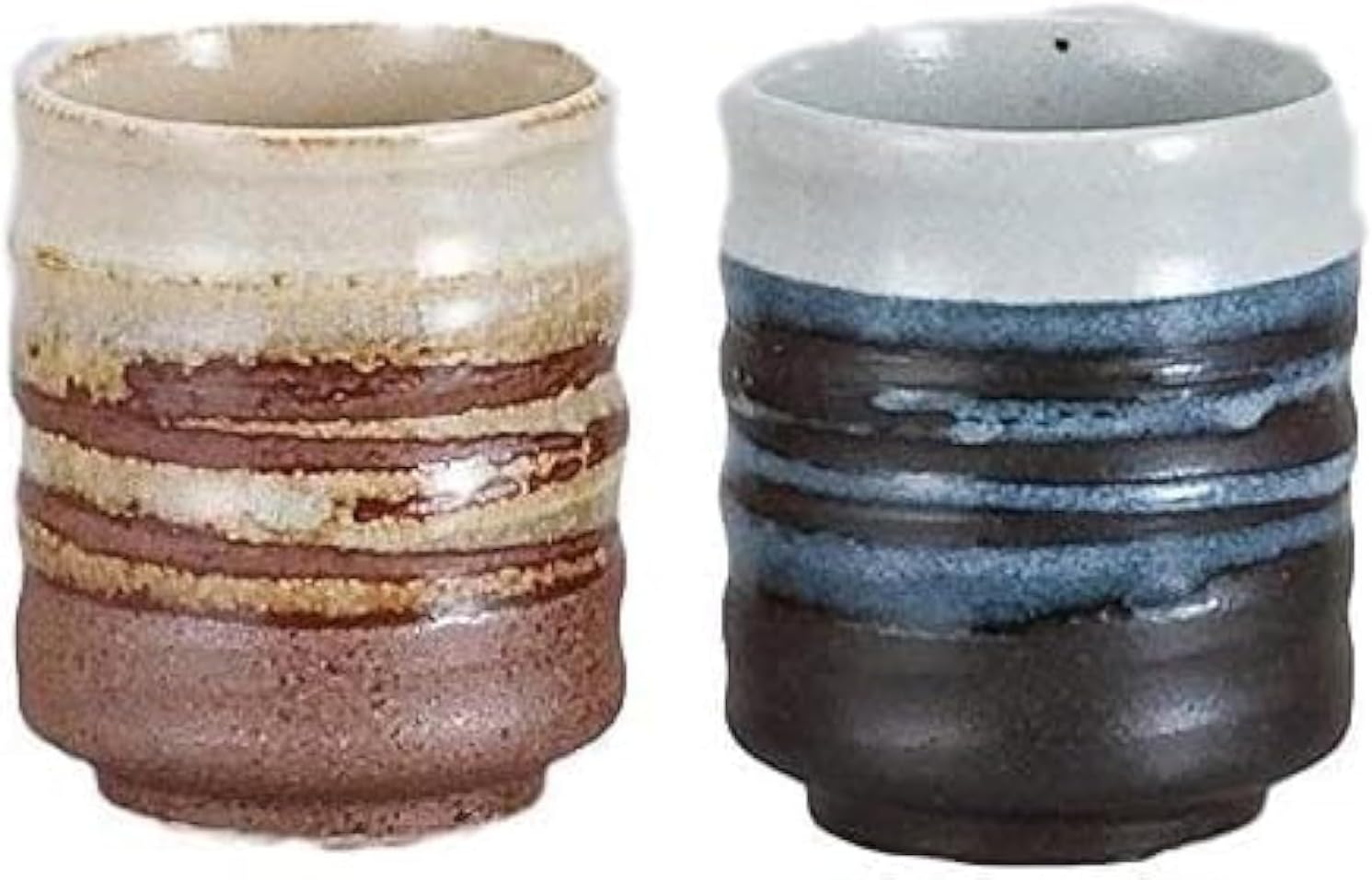 Japanese Mino Ware Ceramic Yunomi Tea Cups Set, 3.15 Inches High and 2.76 Inches in Diameter, 5.75 Fluid Ounces, for Hot Green Tea, Bancha, Set of 2 (Brown, Blue)