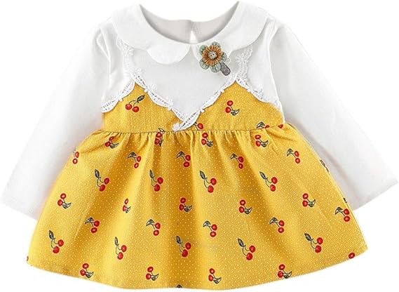 Amazon Co Jp Yeach 子供服 女の子70 100 0 2歳 子供 ロングスリーブ 漫画 かわいい 小さなチェリー プリンセスドレス 衣服 衣服 可愛い 超柔らかい 姫様 普段着 写真 人気 誕生日プレゼント イエロー 100 ホビー