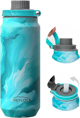 Vista 20 de GREYLOCK Botella de Agua Aislada de 24 onzas con tapa con popote, Frasco de Vacío de Acero Inoxidable Reutilizable a prueba de fugas, fría