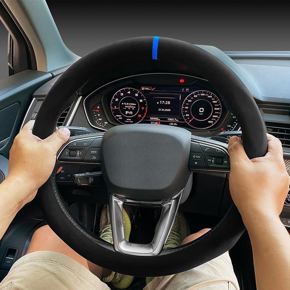 Carodi Suede Steering Wheel Cover ， Non-Slip Leather Car Interior Fitting 15-inch Universal